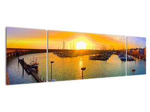 Obraz přístavu při zapadajícím slunci